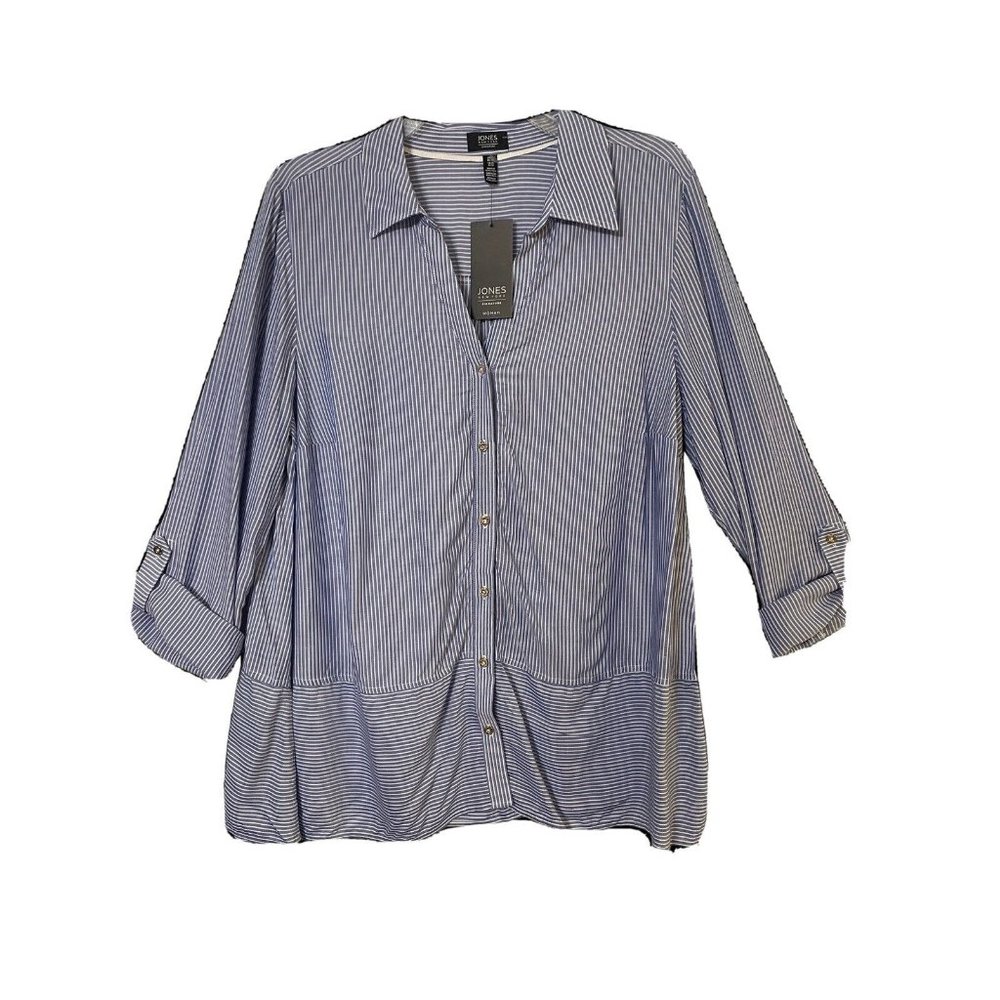 Jones New York Womens Button Down Shirt Plus Size 1X Blue White Stripe Collared